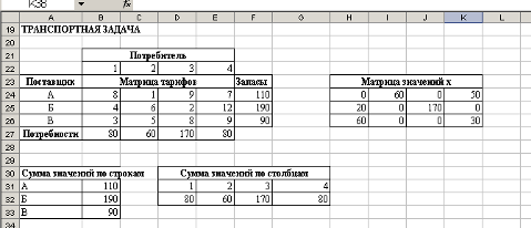 Результат розв'язання транспортної задачі в MS Excel.