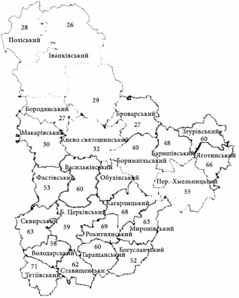 Карта бонітету по районам Київської області.