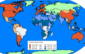 Карта грамотності населення світу (метод перехідних кольорів).