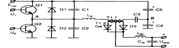 Принципова схема двотактного полумостового перетворювача напруги.