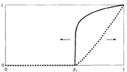 Залежність густини (суцільна лінія) і провідності (точкова лінія) неперервного кластера від р.